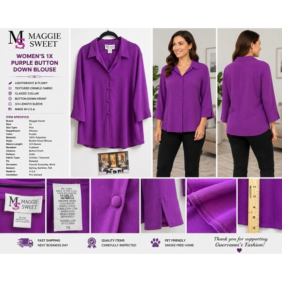 Maggie Sweet Tops - Maggie Sweet Womens 1X Purple 3/4  Sleeve  Button Front Blouse  Plus Size USA